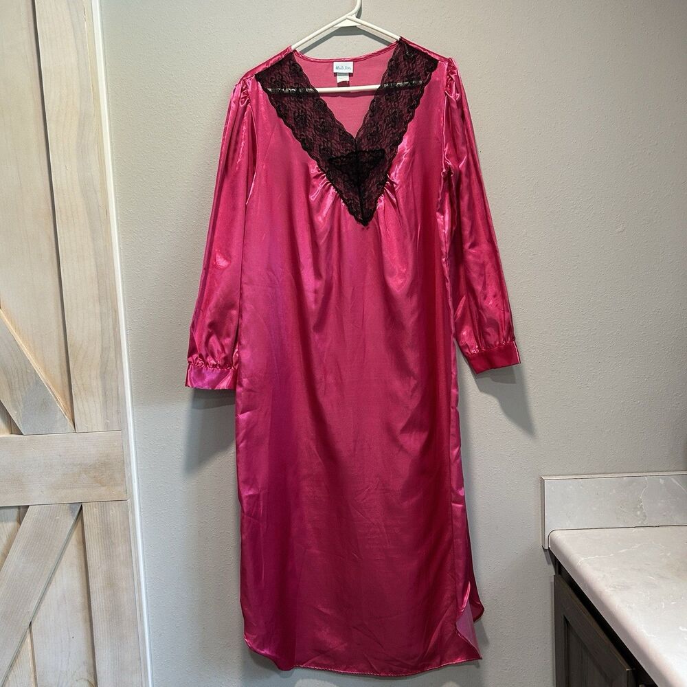 Vintage Y2K Womens Satin Nightgown Small Bright Pink Lace V Neck Long Line